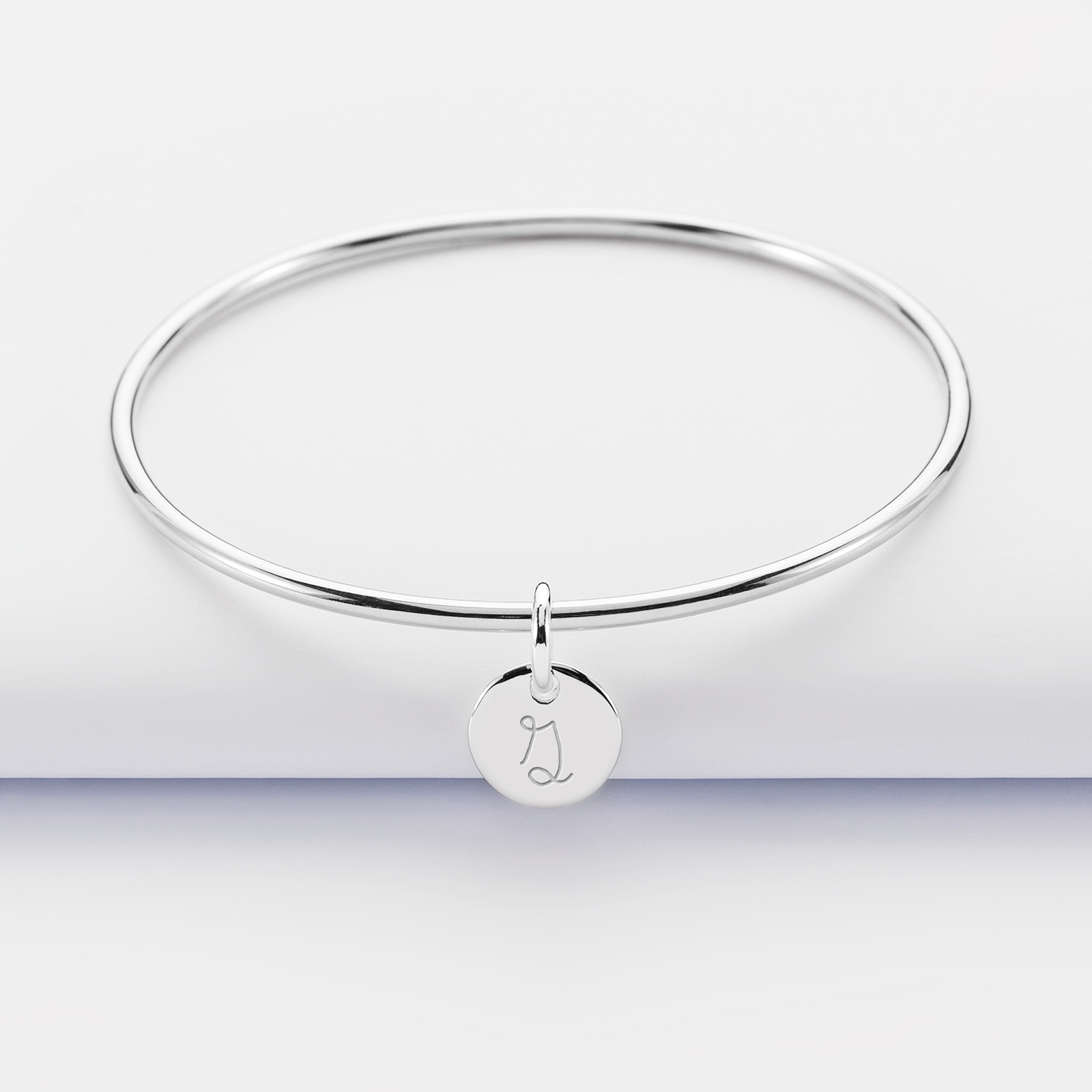 Personalised silver children's bangle and 10 mm engraved initial medallion - 1