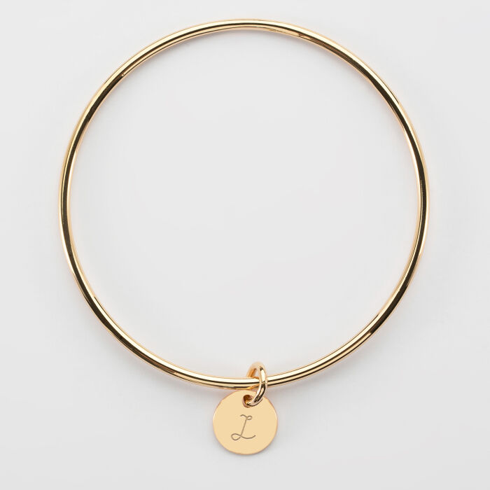 Personalised gold plated children's bangle and 10 mm engraved initial medallion - 2