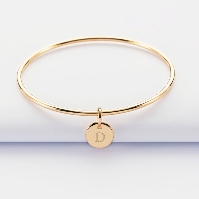Personalised gold plated children's bangle and 10 mm engraved initial medallion - 3