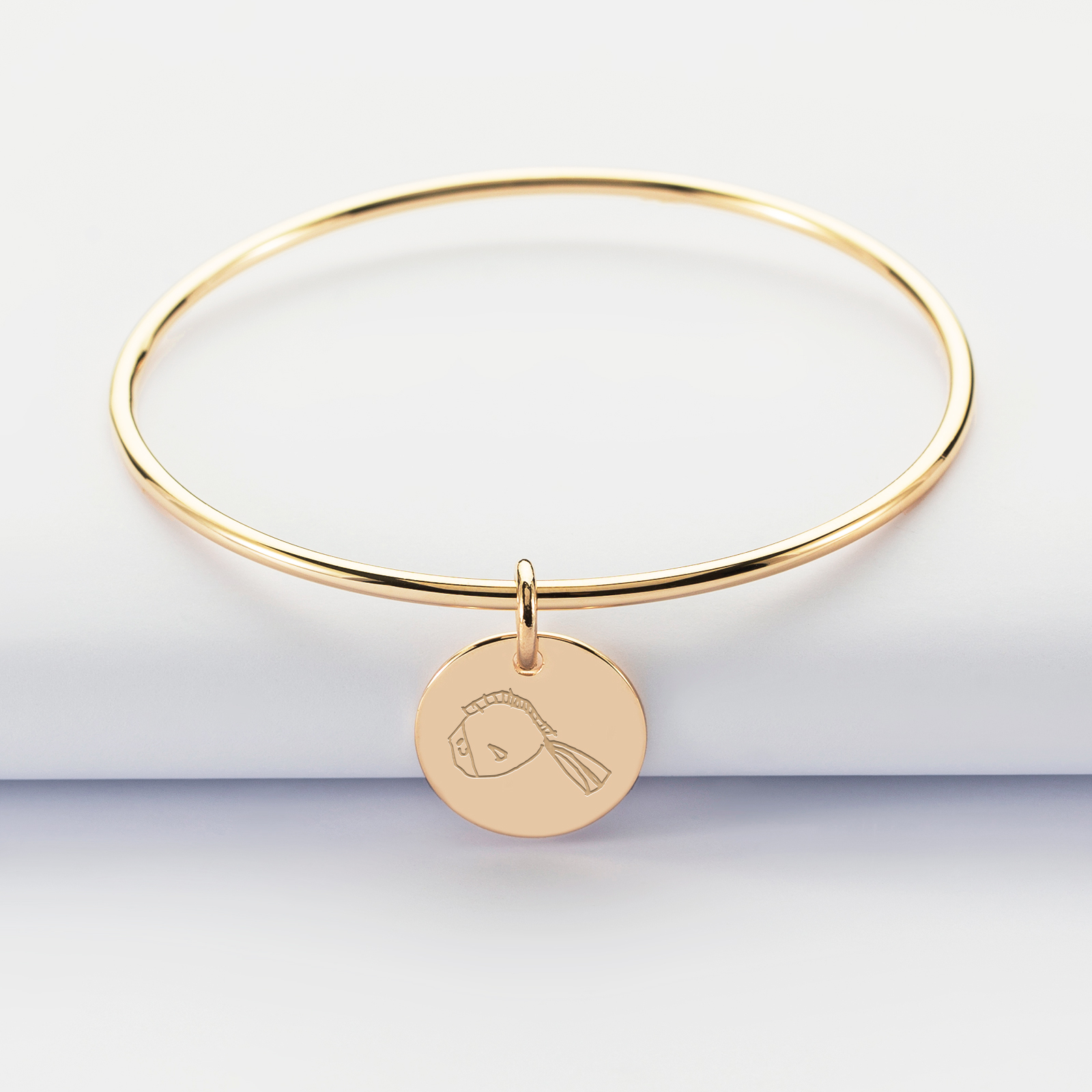 Personalised gold plated children's bangle and 15mm engraved medallion - sketch