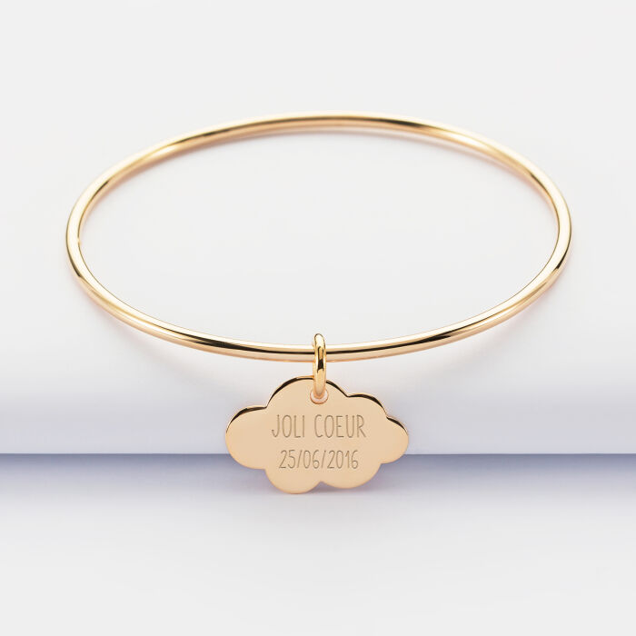 Personalised gold-plated children's bangle and engraved cloud medallion 20x14 mm - date