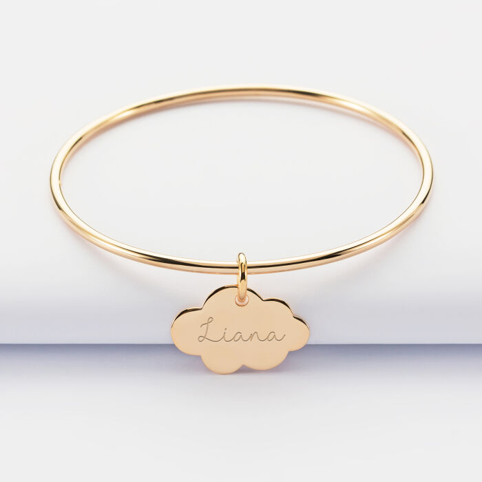Personalised gold-plated children's bangle and engraved cloud medallion 20x14 mm - name