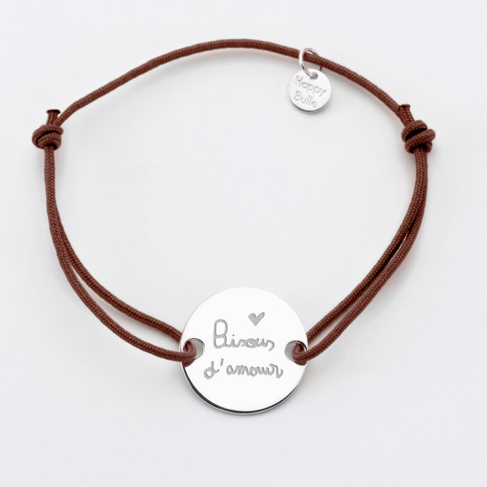 Men's single cord bracelet with personalised engraved 2-hole silver medallion 20mm - writing