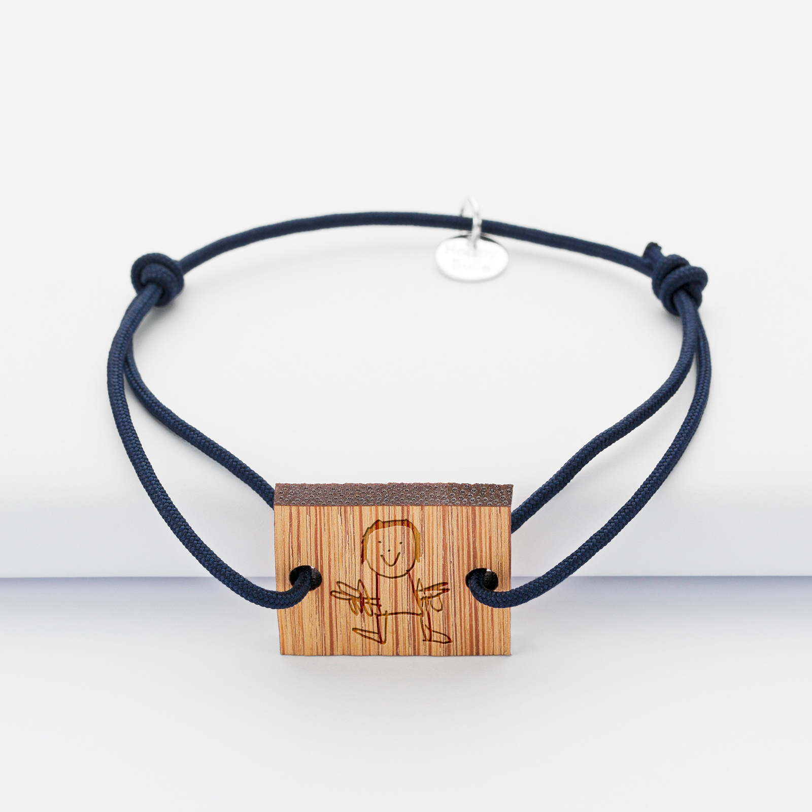 Bracelet homme personnalisé cordon simple médaille gravée bois rectangle 2 trous 22x18 mm - dessin