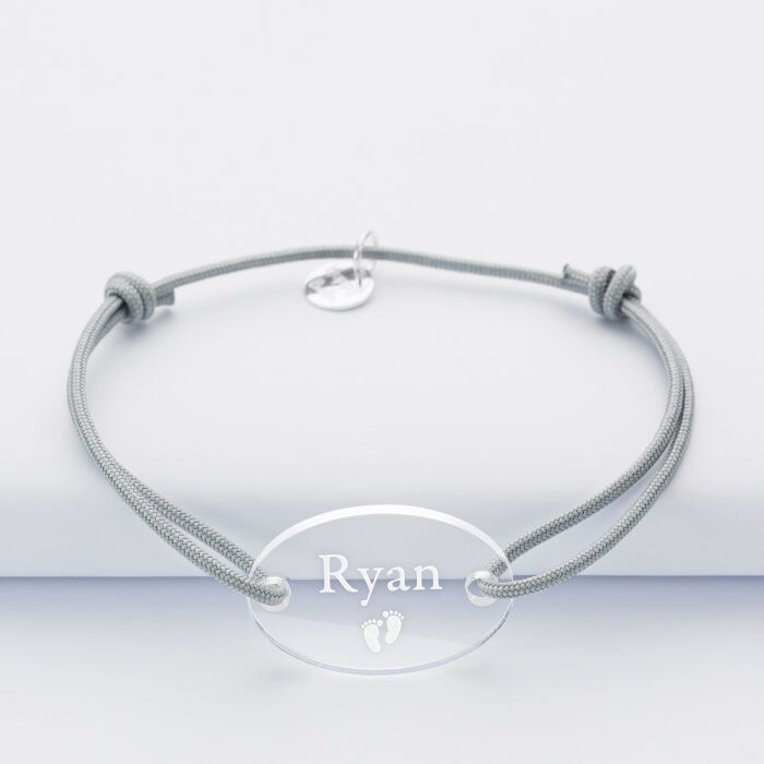 Gents single cord bracelet with personalised engraved oval 2-hole acrylic medallion 25x17mm - name