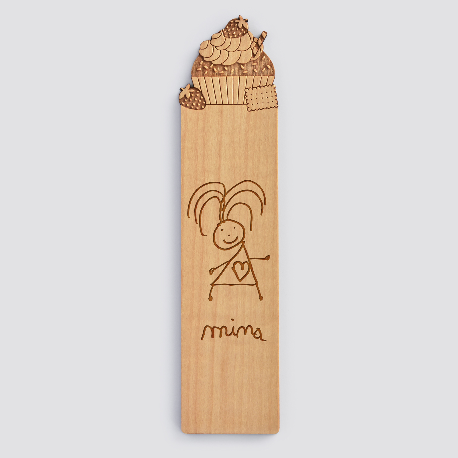 Personalised "Cupcake" engraved wooden bookmark - sketch