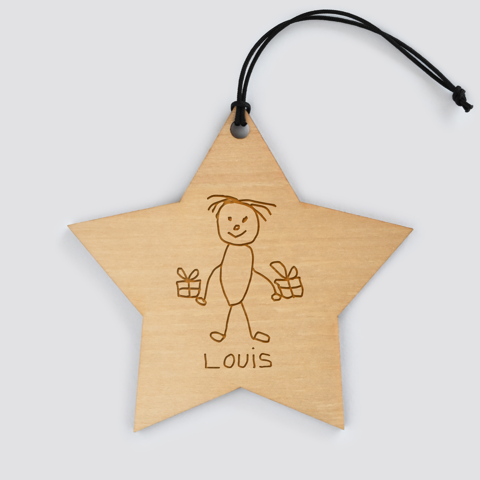 Personalised engraved wooden star Christmas bauble - sketch