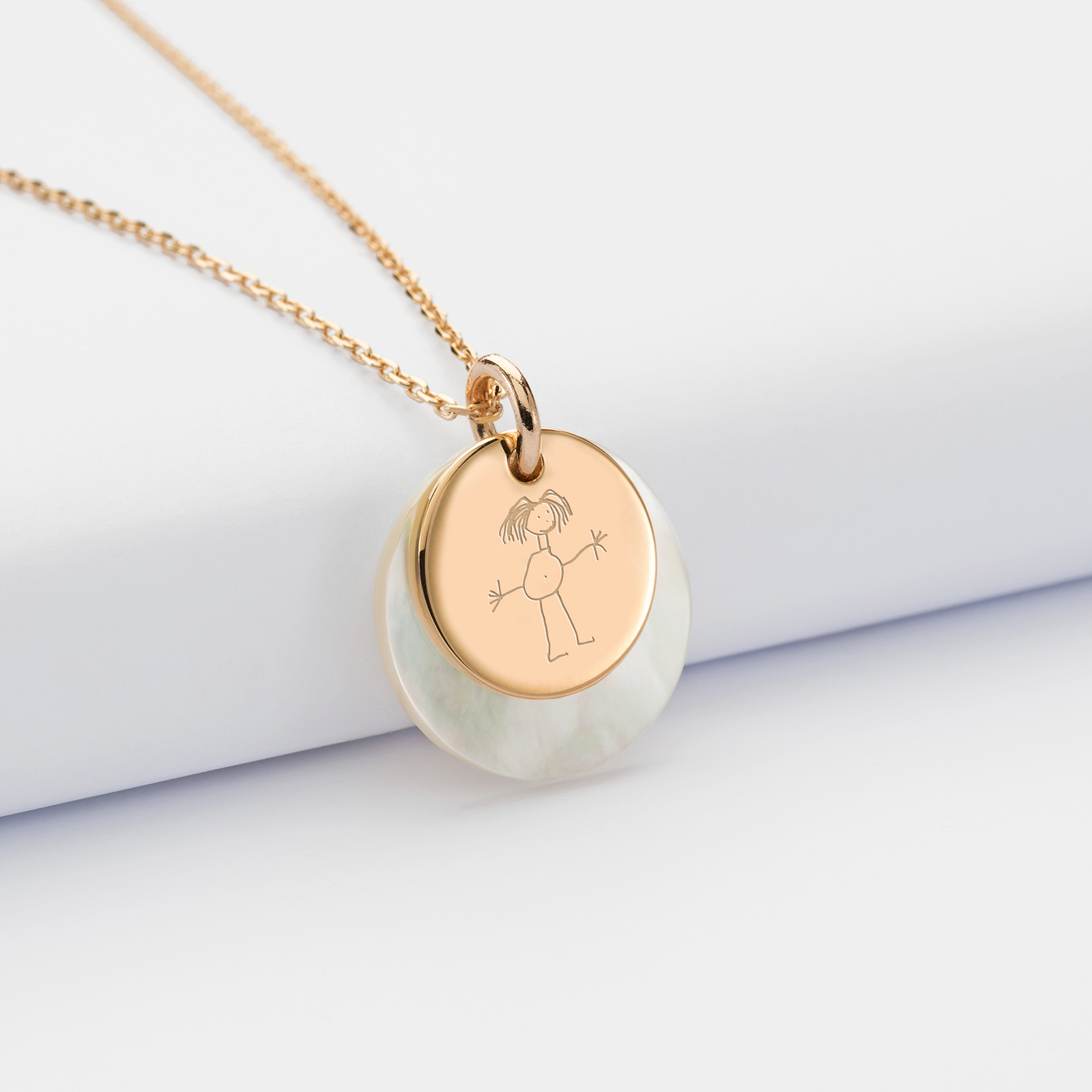 Personalised engraved gold plated mother of pearl medallion pendant 15 mm - sketch