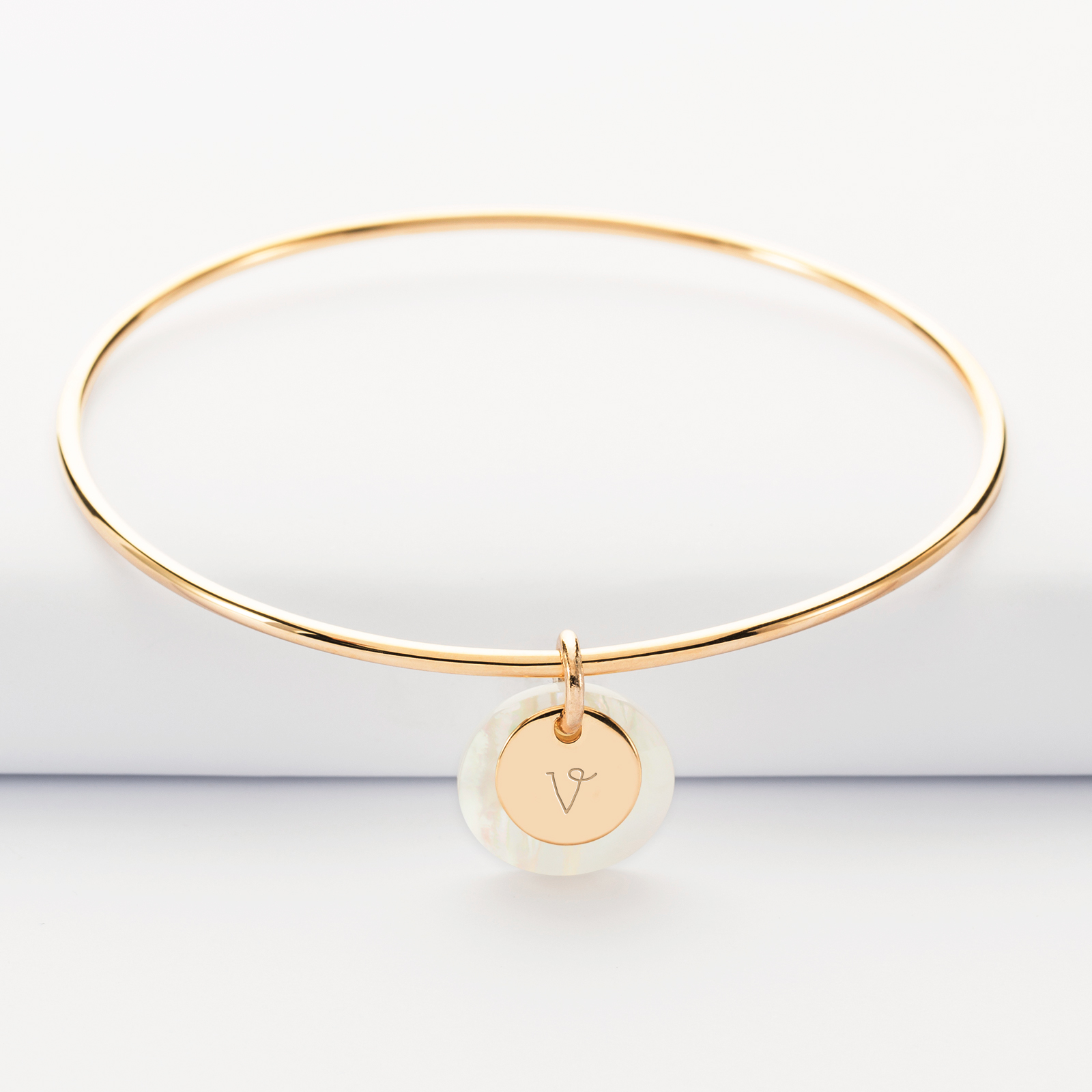 Personalised gold plated mother of pearl bangle and 10 mm engraved medallion - 1