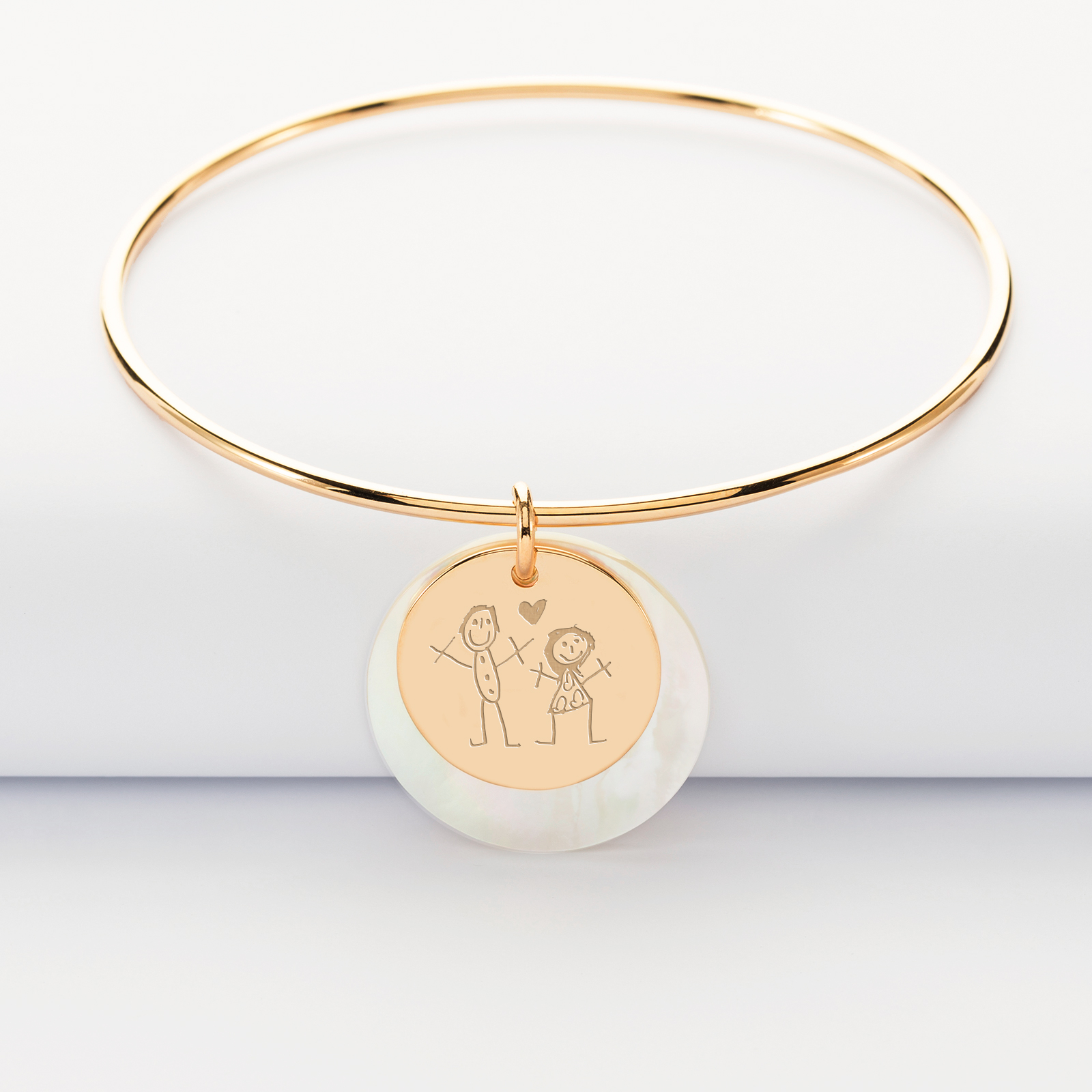 Personalised gold plated mother of pearl bangle and 19 mm engraved medallion - sketch