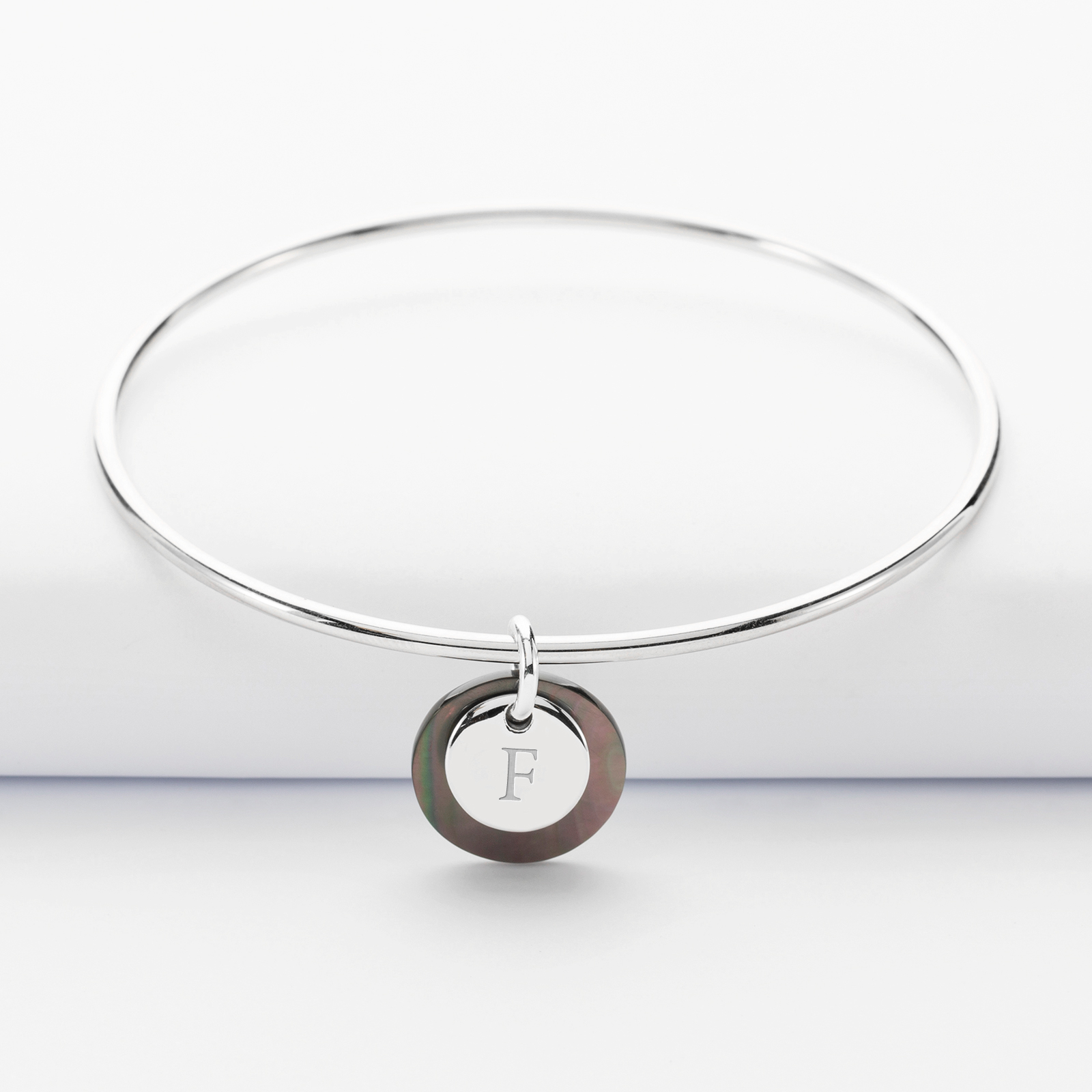 Personalised silver engraved 10 mm bangle and mother of pearl 15 mm charm - 1