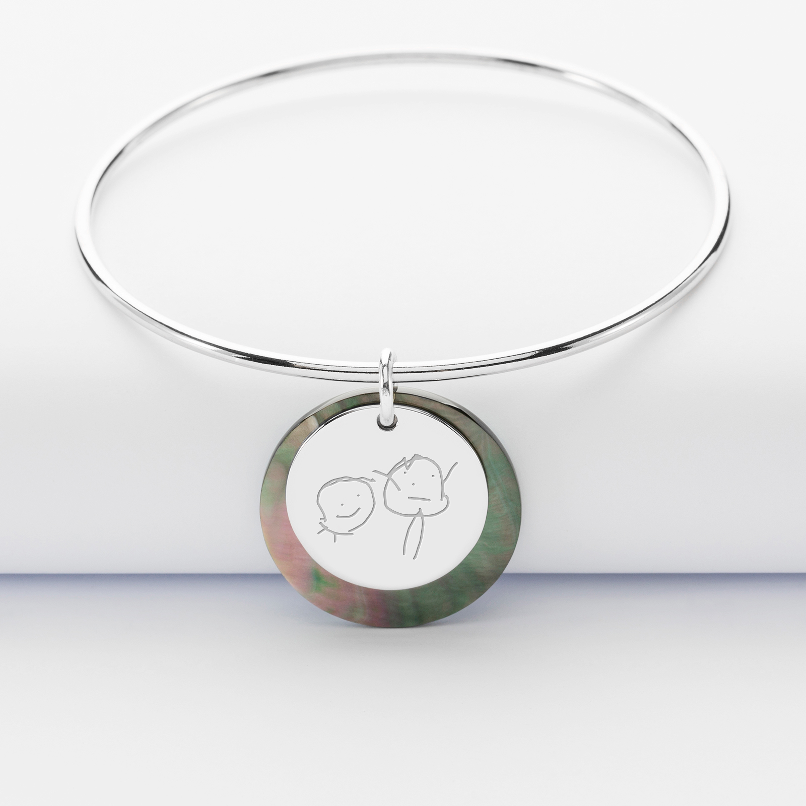 Personalised silver engraved 19 mm bangle and mother of pearl 25 mm charm - sketch