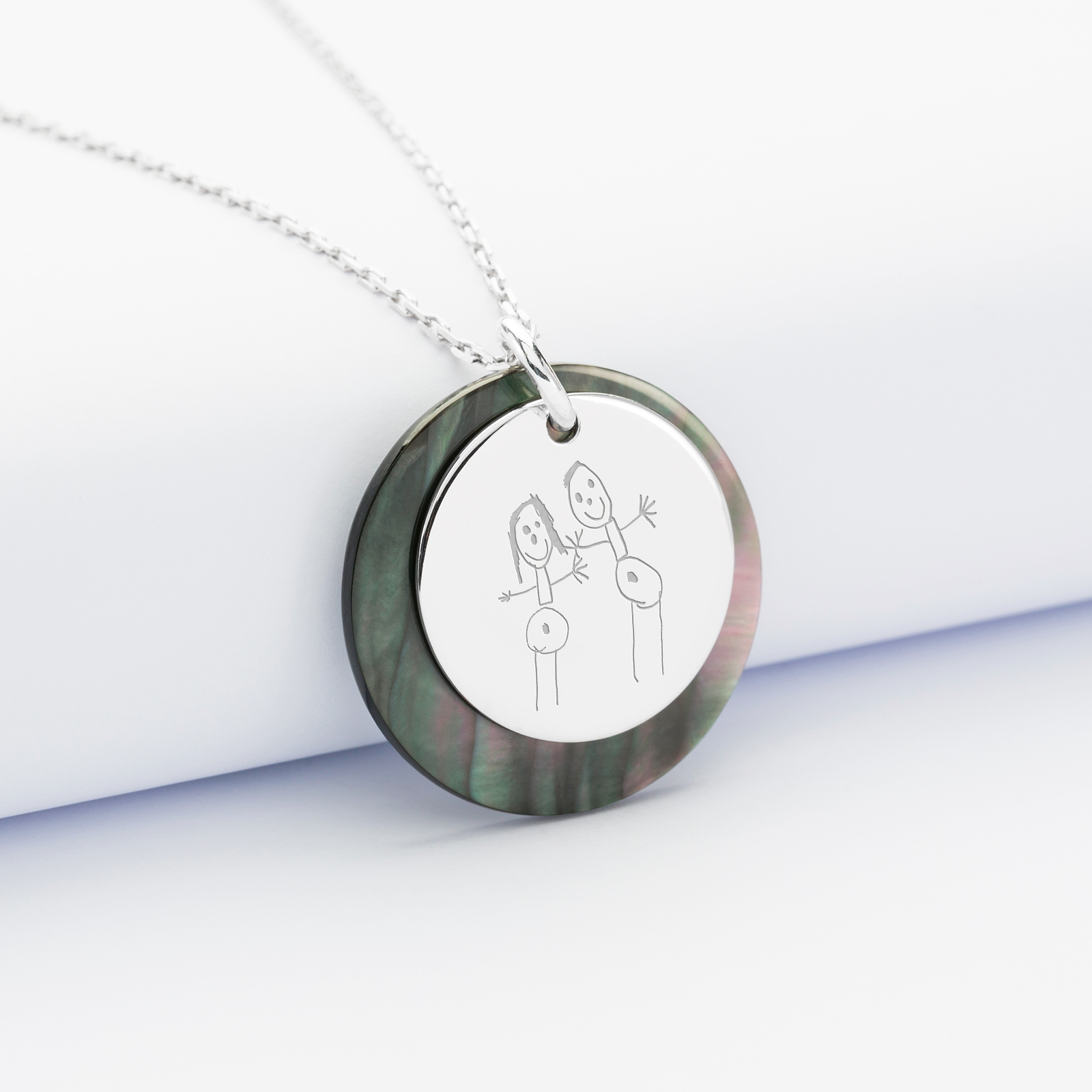 Personalised mother of pearl 25 mm pendant charm and engraved silver medallion 19 mm - sketch
