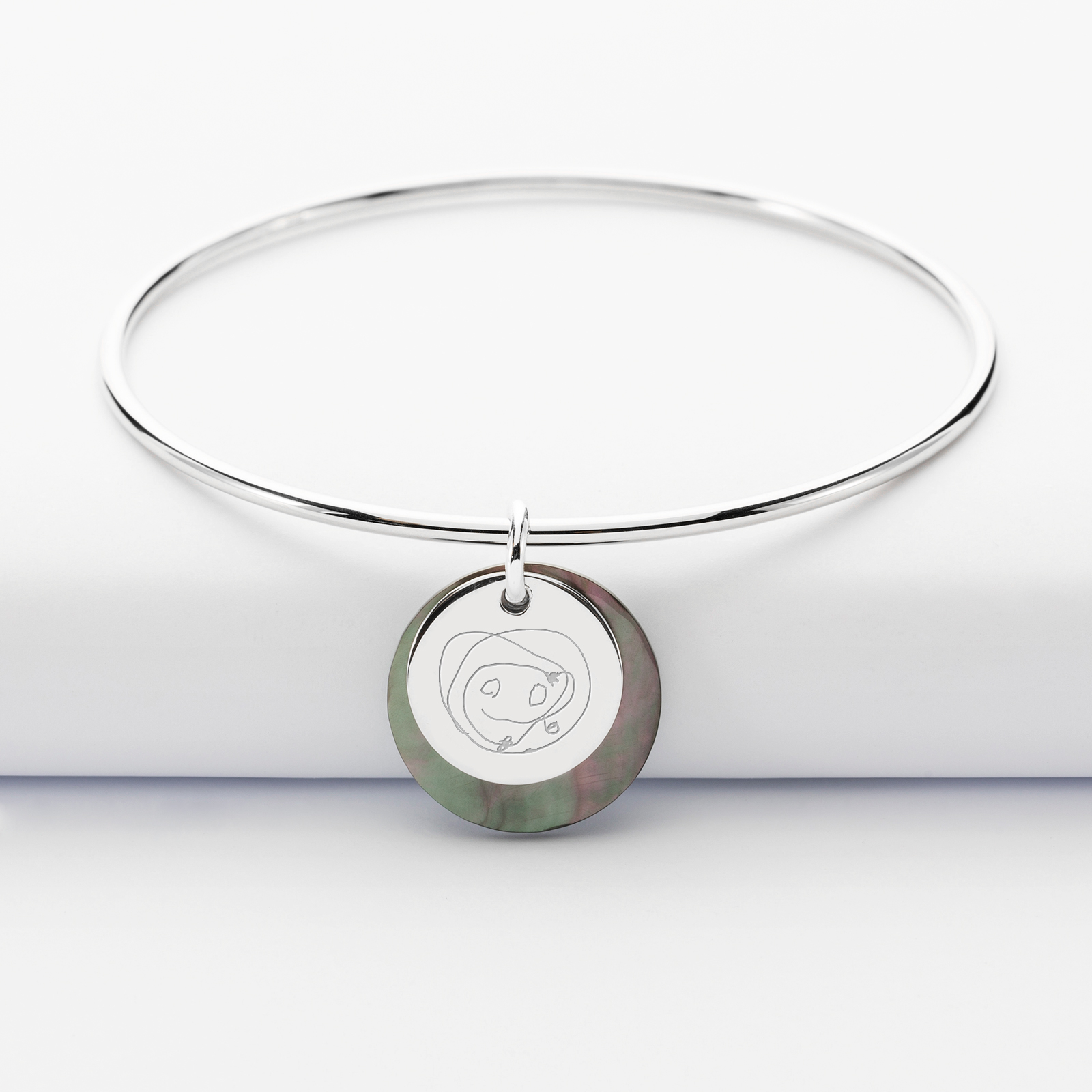 Personalised silver engraved 15 mm bangle and mother of pearl 19 mm charm - sketch