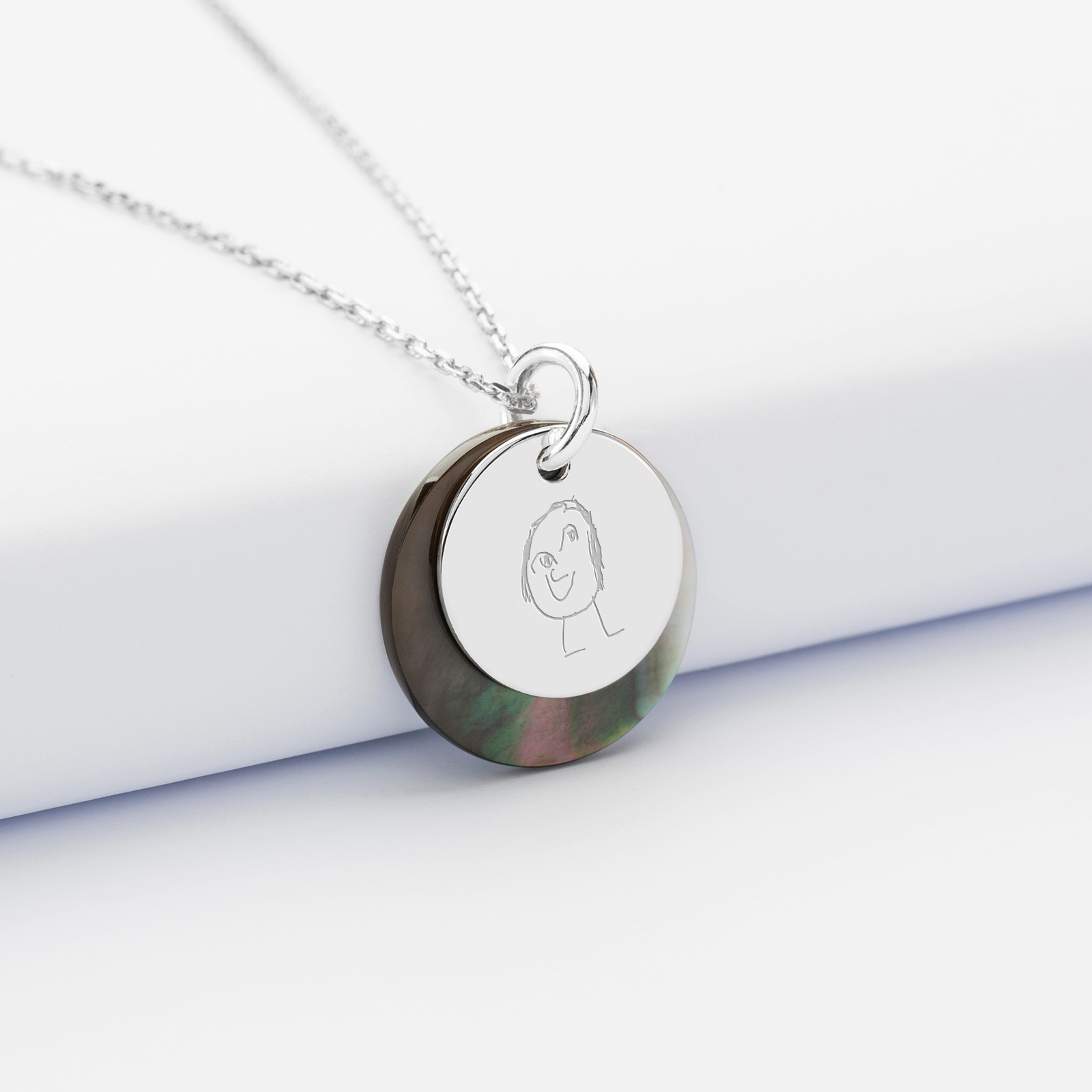 Personalised mother of pearl 19 mm pendant charm and engraved silver medallion 15 mm - sketch
