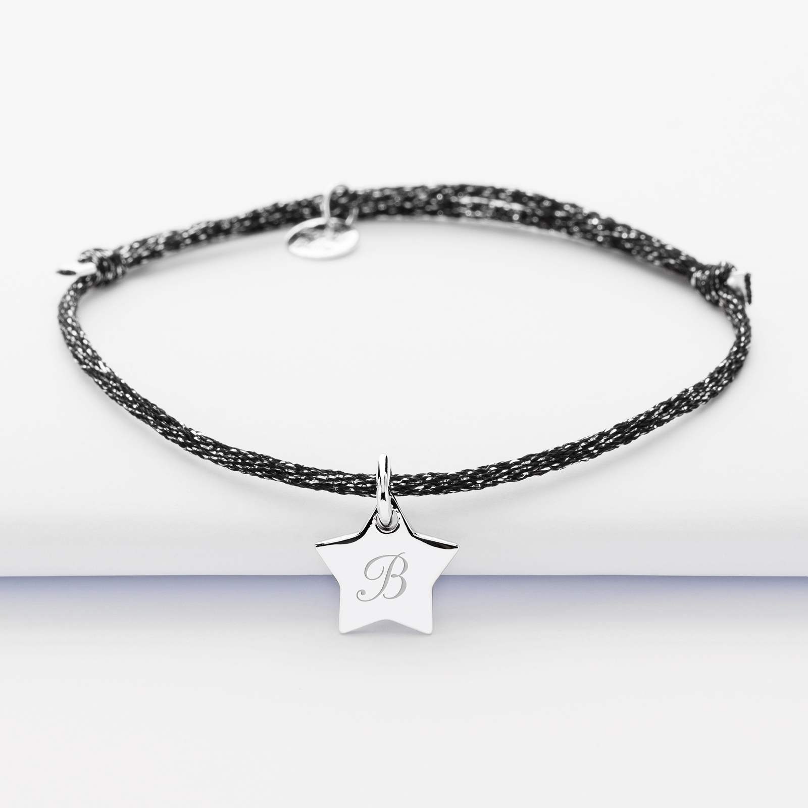 Sparkly cord bracelet with personalised engraved silver initial star medallion 10 mm - 1