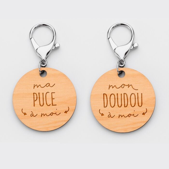Duo de porte-clés personnalisés médailles gravées bois rondes 50 mm "Surnom" 2