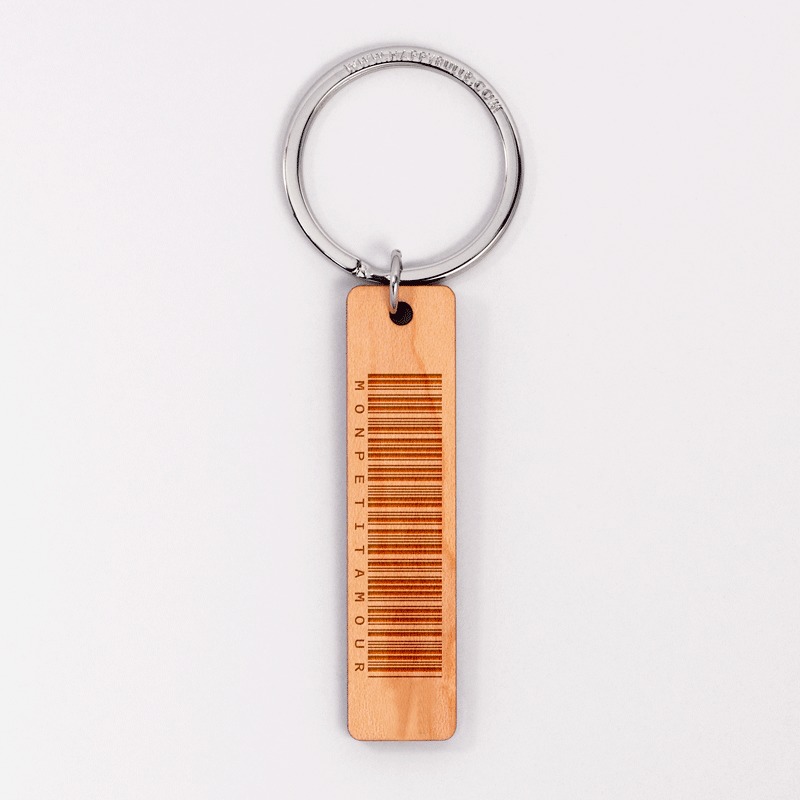 Porte-clés personnalisé "code barre" médaille gravée bois plaque 16x66 mm - 1