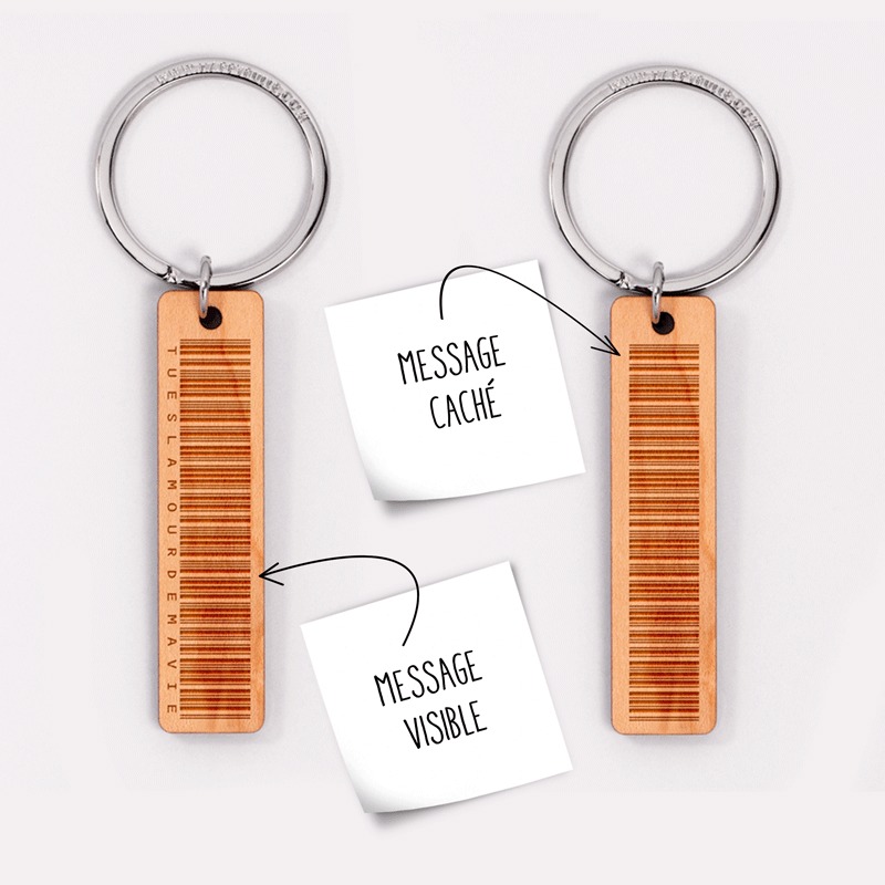 Porte Cles Message Code Grave Medaille Plaque 16x66 Mm Bois Personnalise