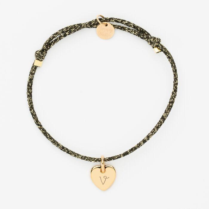 Sparkly cord bracelet with personalised engraved gold plated initial heart medallion 10 mm - 2