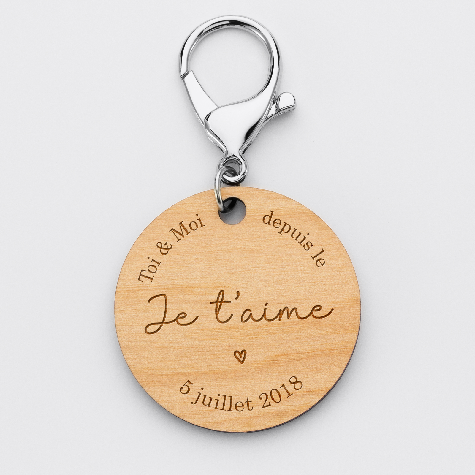 Porte-clés personnalisé gravé bois médaille ronde 50 mm "Toi & Moi" - 1