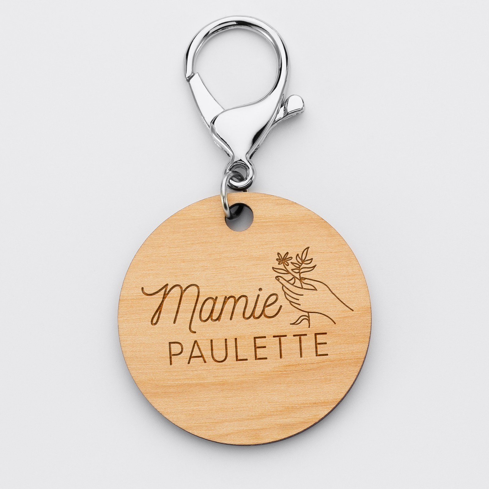 Porte-clés personnalisé médaille gravée bois - édition spéciale "Mamie bouquet" - 1