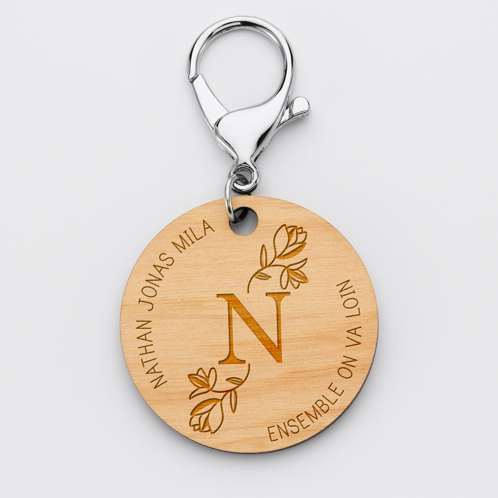 Personalised engraved wooden round Floral Initial medallion keyring 50mm