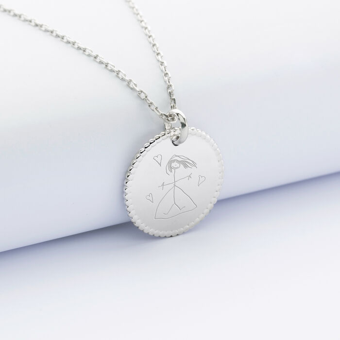 Pendentif personnalisé médaille gravée argent disque perlé 19 mm - dessin