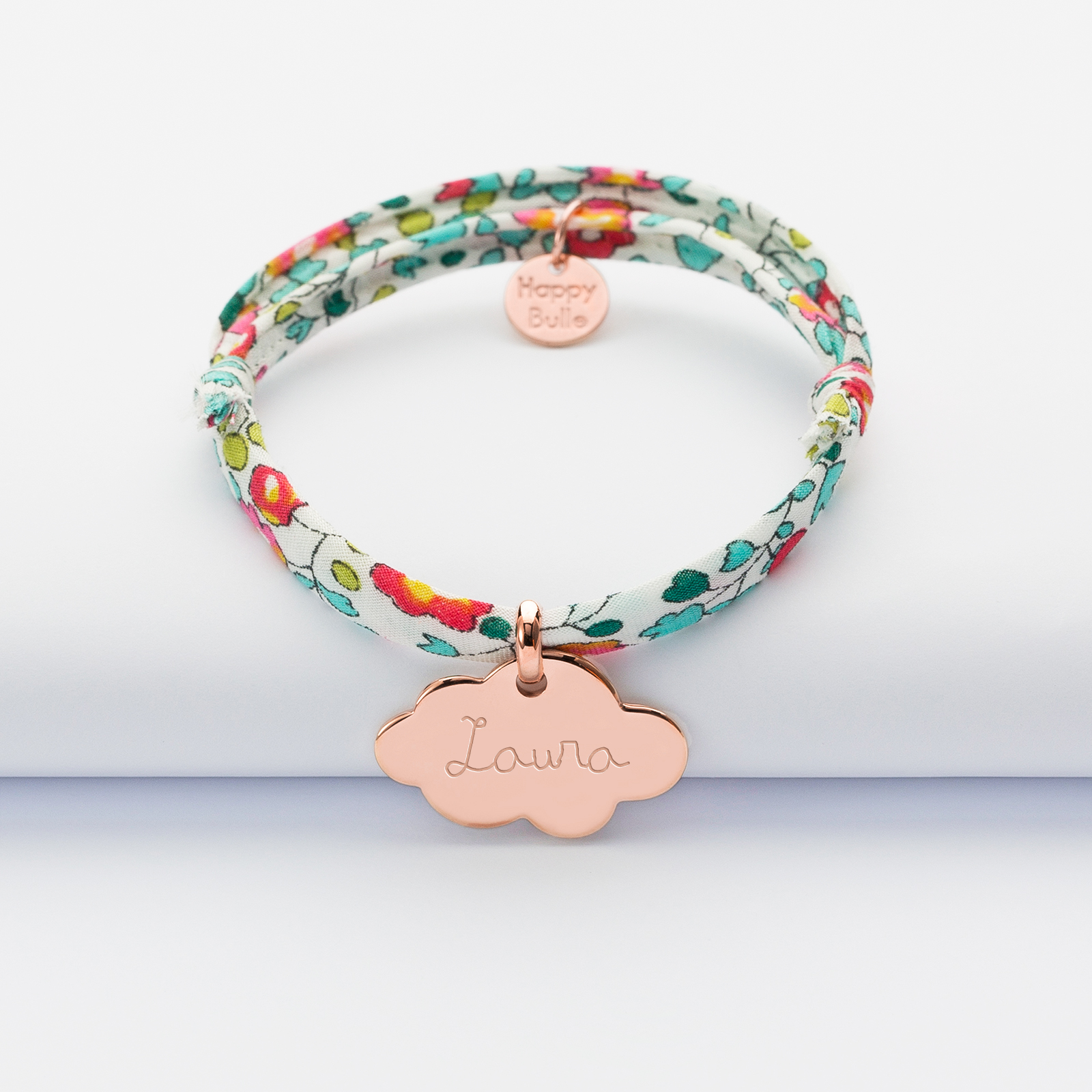 Bracelet enfant personnalisé Liberty médaille gravée plaqué or rose nuage 20x14 mm - prénom