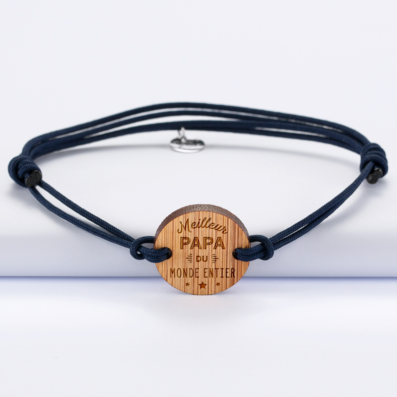 Bracelet Meilleur papa cordon doublé médaille gravée bois ronde 2 trous 21 mm - 1