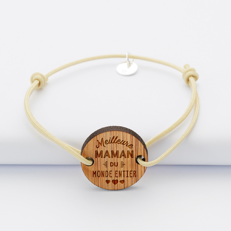 Bracelet Papa cordon doublé médaille gravée bois ronde 21 mm