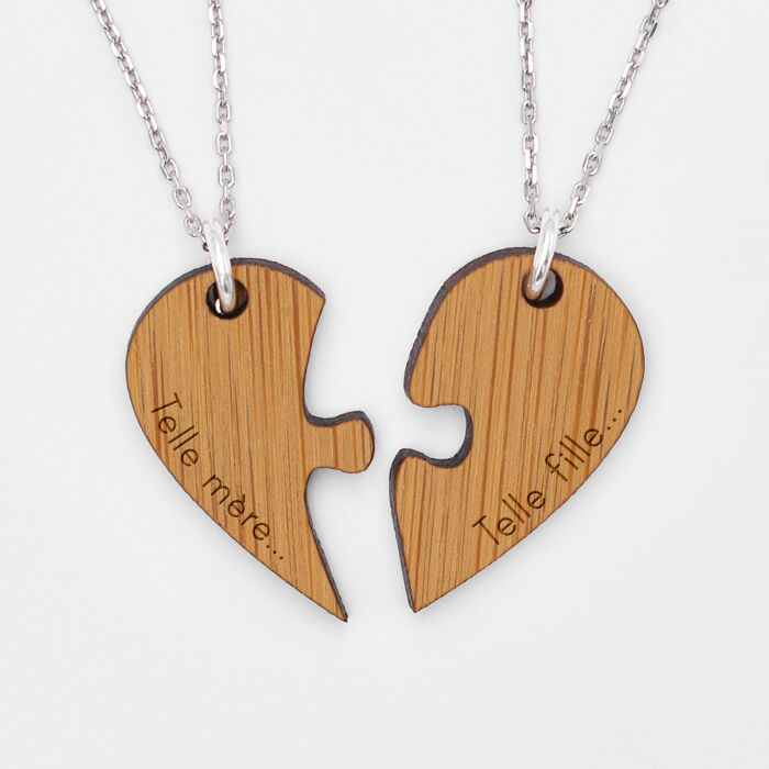 Duo de pendentif personnalisé médailles gravées bois prénom "cœur inséparable"