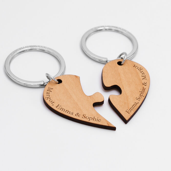 Duo de porte-clés personnalisés médailles gravées bois "Coeur inséparable" - amoureux