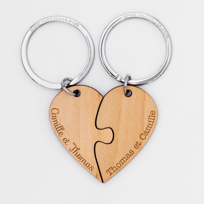 Duo de porte-clés personnalisés médailles gravées bois "Coeur inséparable" - prénoms