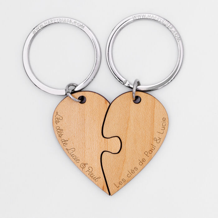 Duo de porte-clés personnalisés médailles gravées bois "Coeur inséparable" - texte