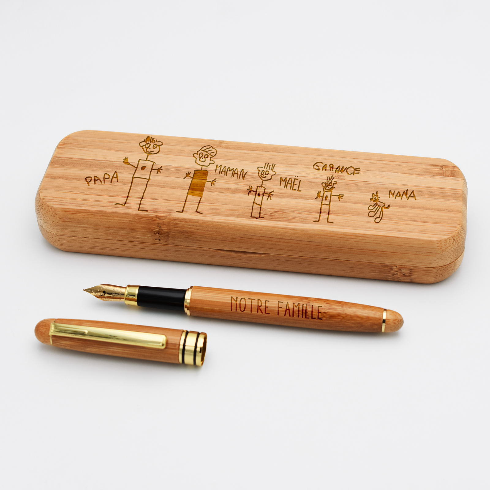Coffret bambou personnalisé et stylo plume gravé 172x50mm - dessin