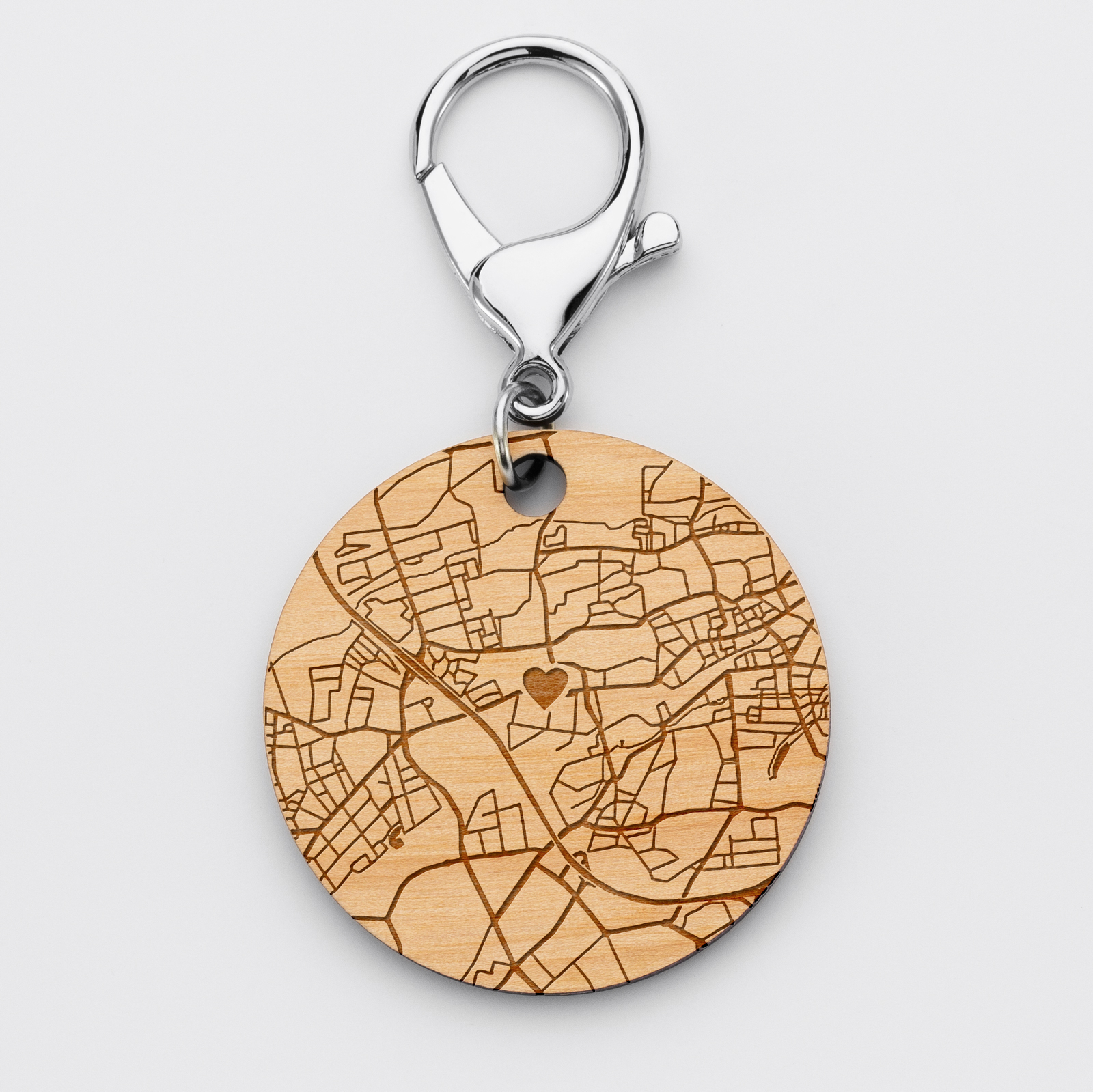 Personalised keyring wood engraved round medallion 50mm "Geo map"