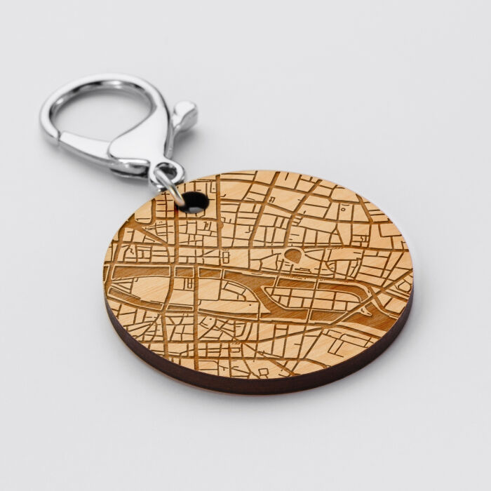 Porte-clés personnalisé gravé bois médaille ronde 50 mm "Carte géographique" - ville 2