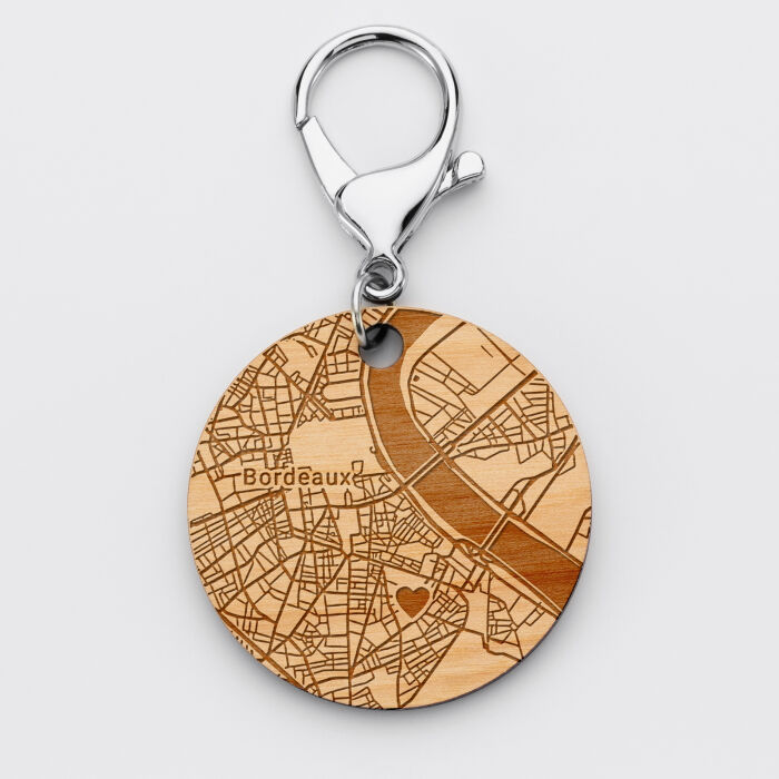Porte-clés personnalisé gravé bois médaille ronde 50 mm "Carte géographique" - map