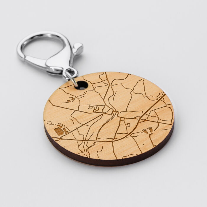 Porte-clés personnalisé gravé bois médaille ronde 50 mm "Carte géographique" - city