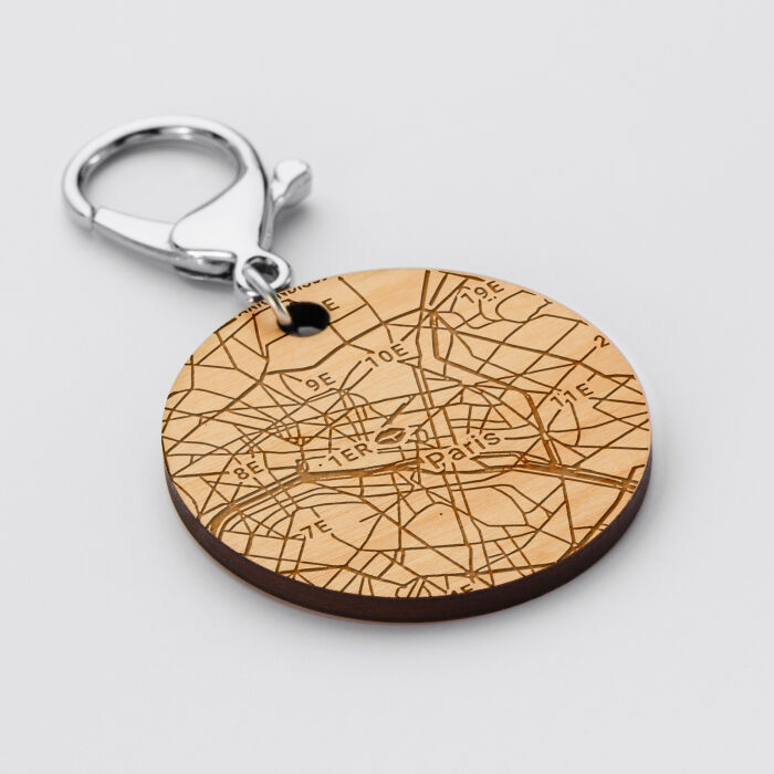 Porte-clés personnalisé gravé bois médaille ronde 50 mm "Carte géographique" - ville 1