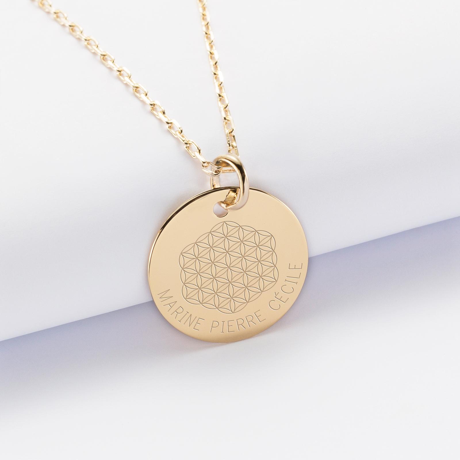 Pendentif personnalisé médaille gravée plaqué or 19 mm - Edition spéciale Fleur de Vie