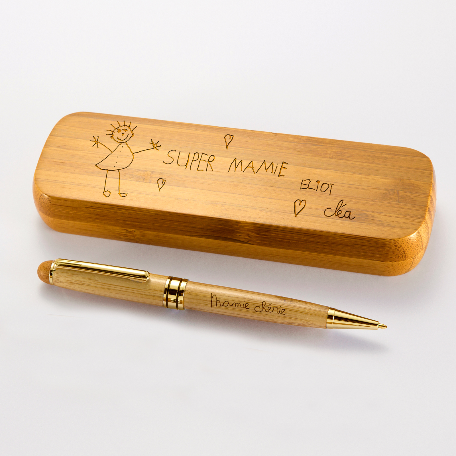 Personalised bamboo box and engraved pen 170x35mm - sketch