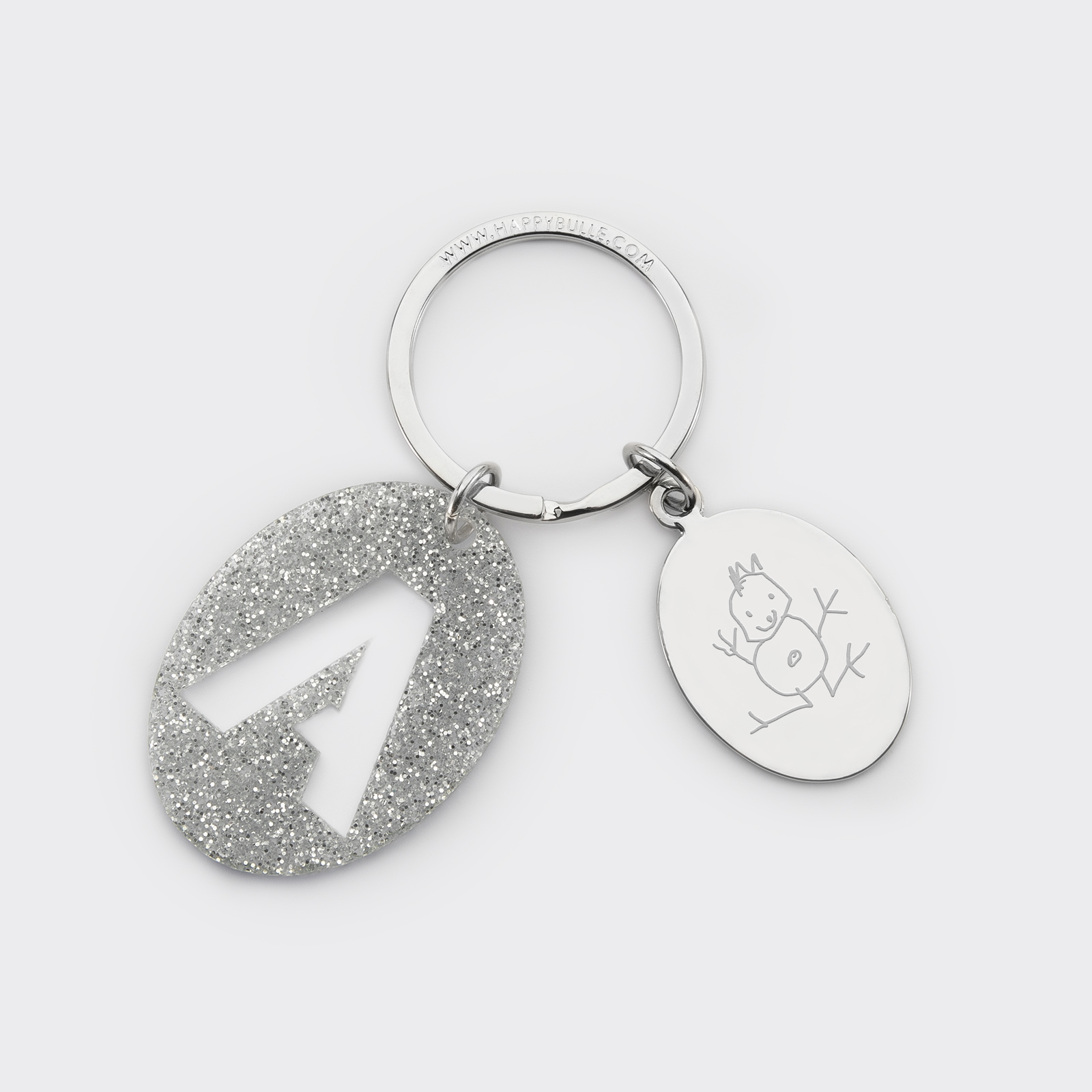 Porte-clés personnalisé médaille gravée ovale acier et breloque initiale acrylique pailleté