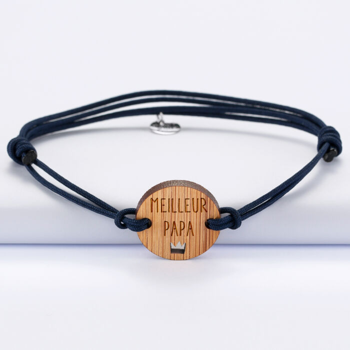 Bracelet homme médaille gravée bois ronde 21 mm - Edition spéciale "Meilleur papa" bleu marine