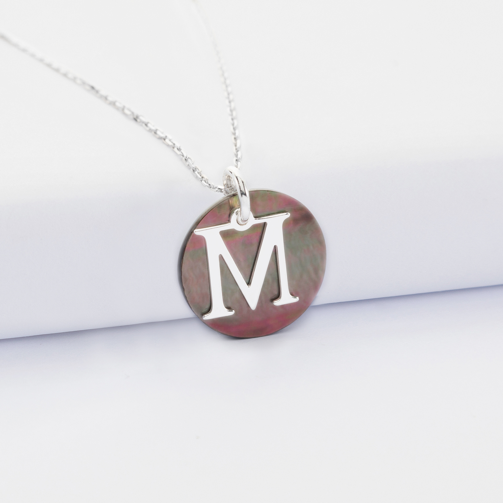 Personalised pendant with silver initial letter medaillon 14 mm and black mother of pearl charm 19 mm