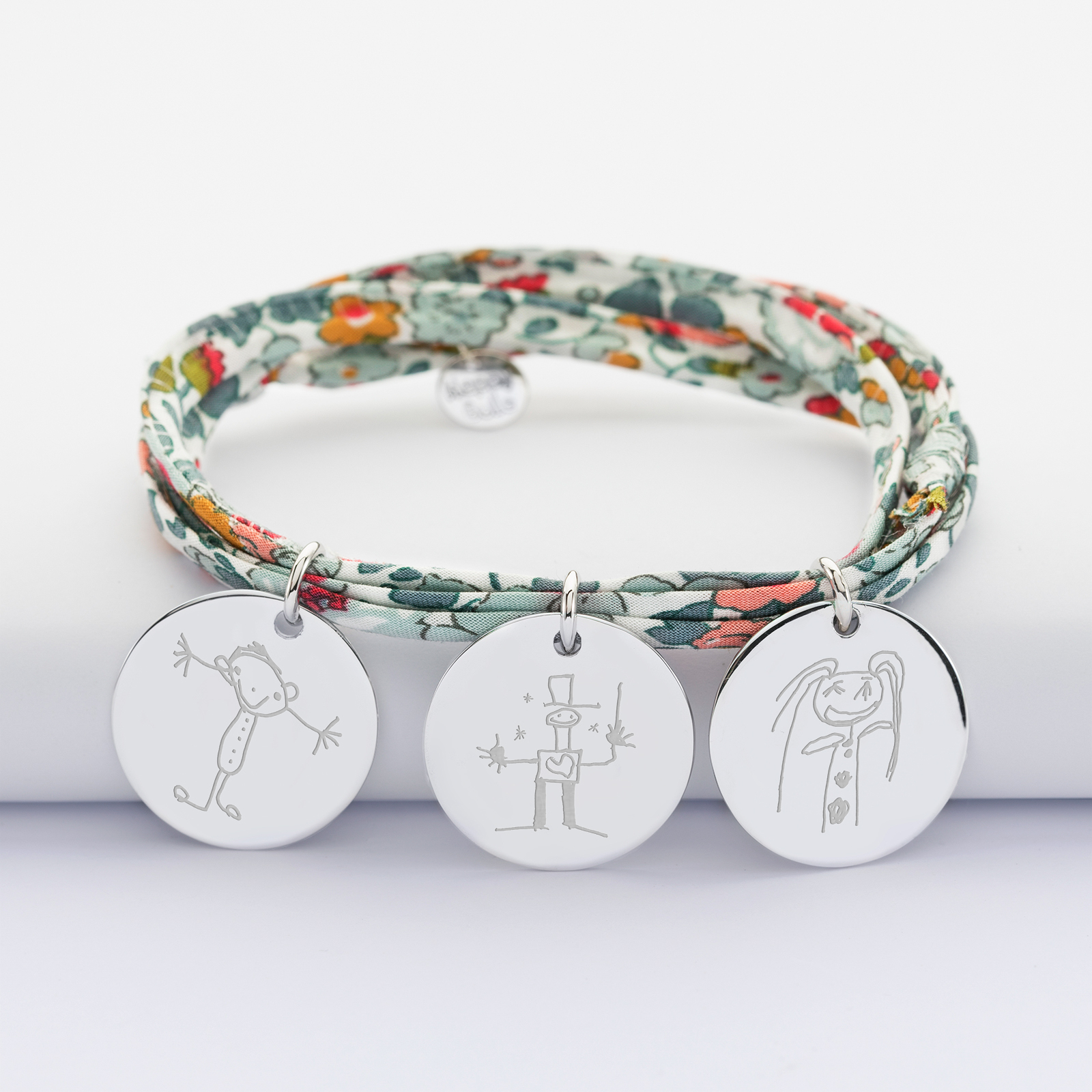 Liberty 3 turn bracelet with 3 personalised engraved silver medallions 19 mm - sketches imprints writing mix