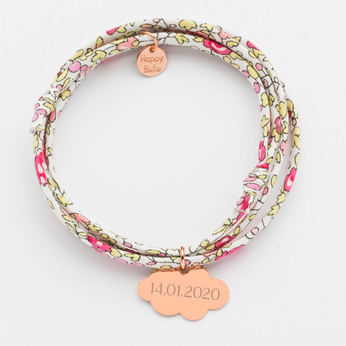 Bracelet 3 laps Liberty personalised first name engraved medal pink gold plated cloud 20x14 mm
