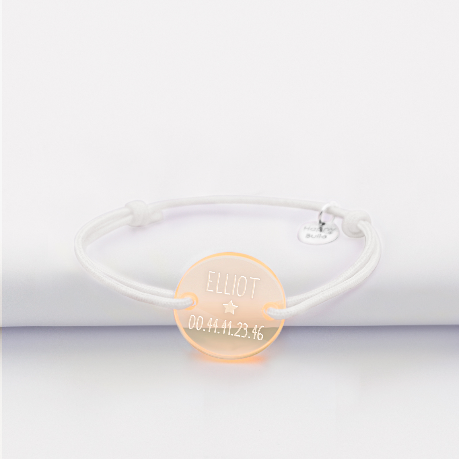 Bracelet d'identification enfant médaille gravée acrylique orange 2 trous 17 mm Eliot