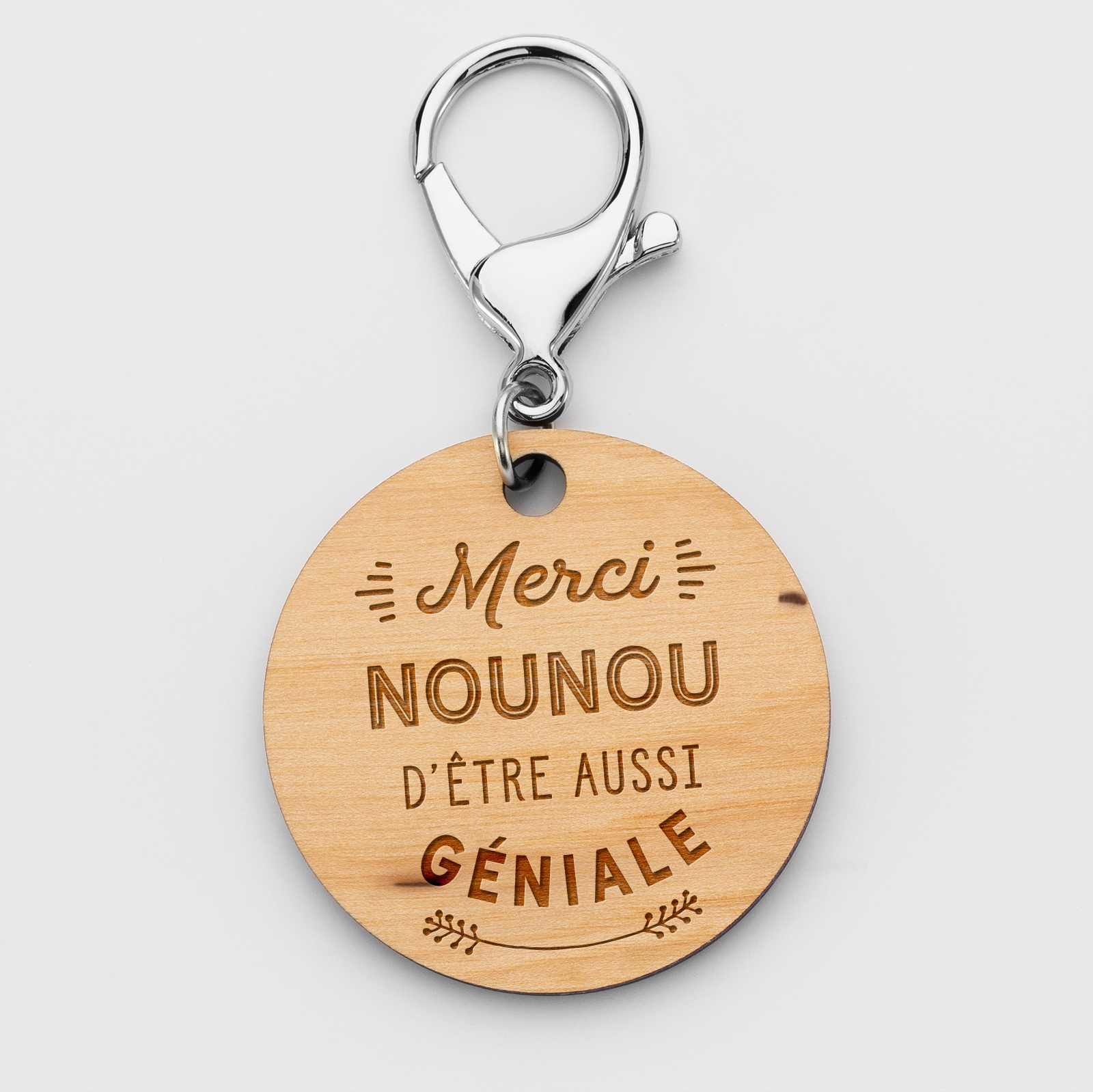 Personalised engraved round wooden medallion keyring 50mm "Our swall imperfection"- special edition "Merci Nounou"